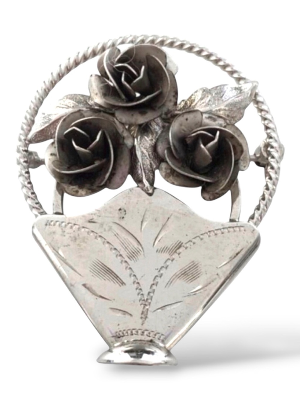 Vintage Bond Boyd Sterling Silver Rose Basket Brooch Floral Vintage Statement